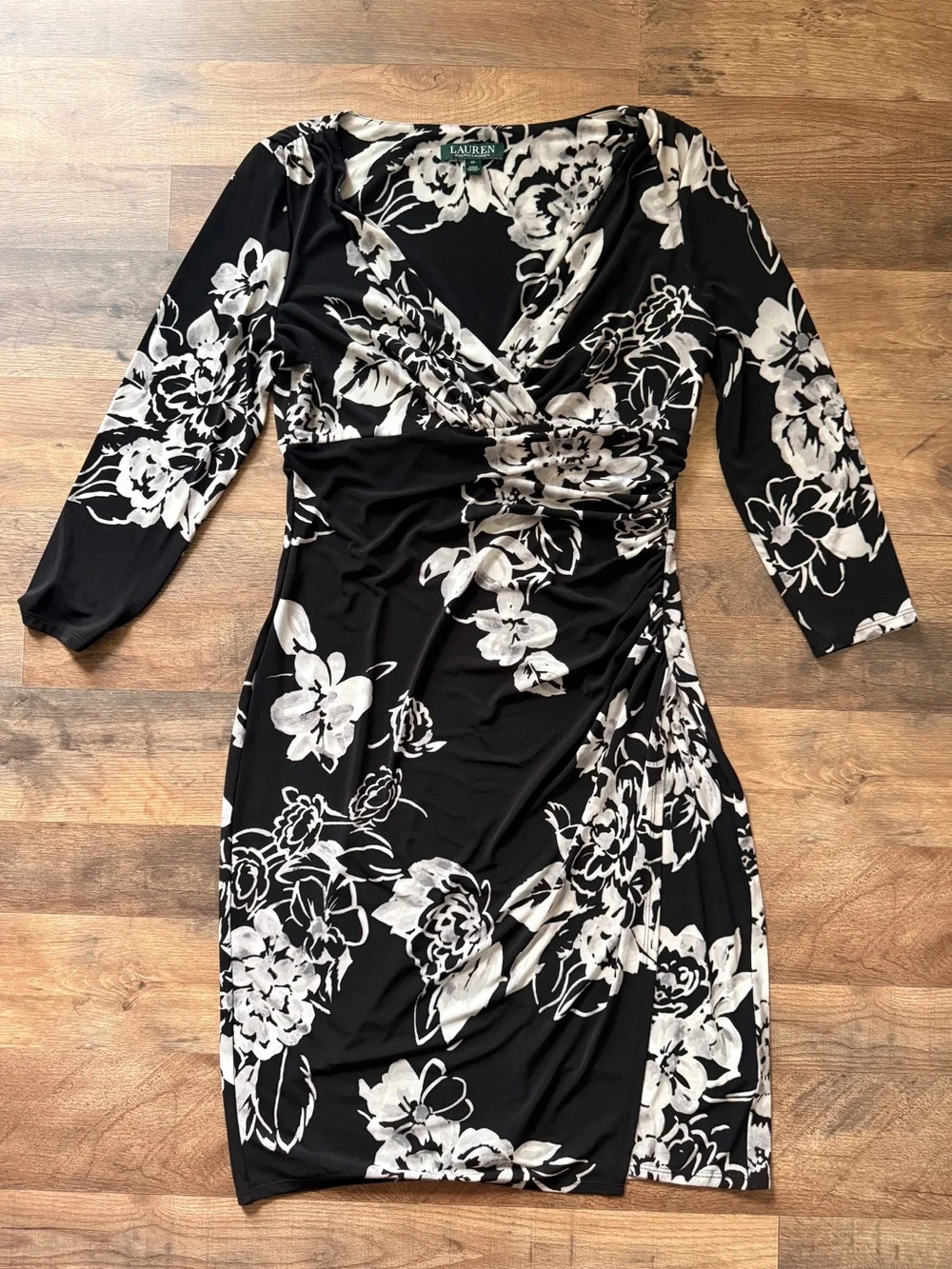 Ralph Lauren Black & White Floral Faux-Wrap Long Sleeve Dress